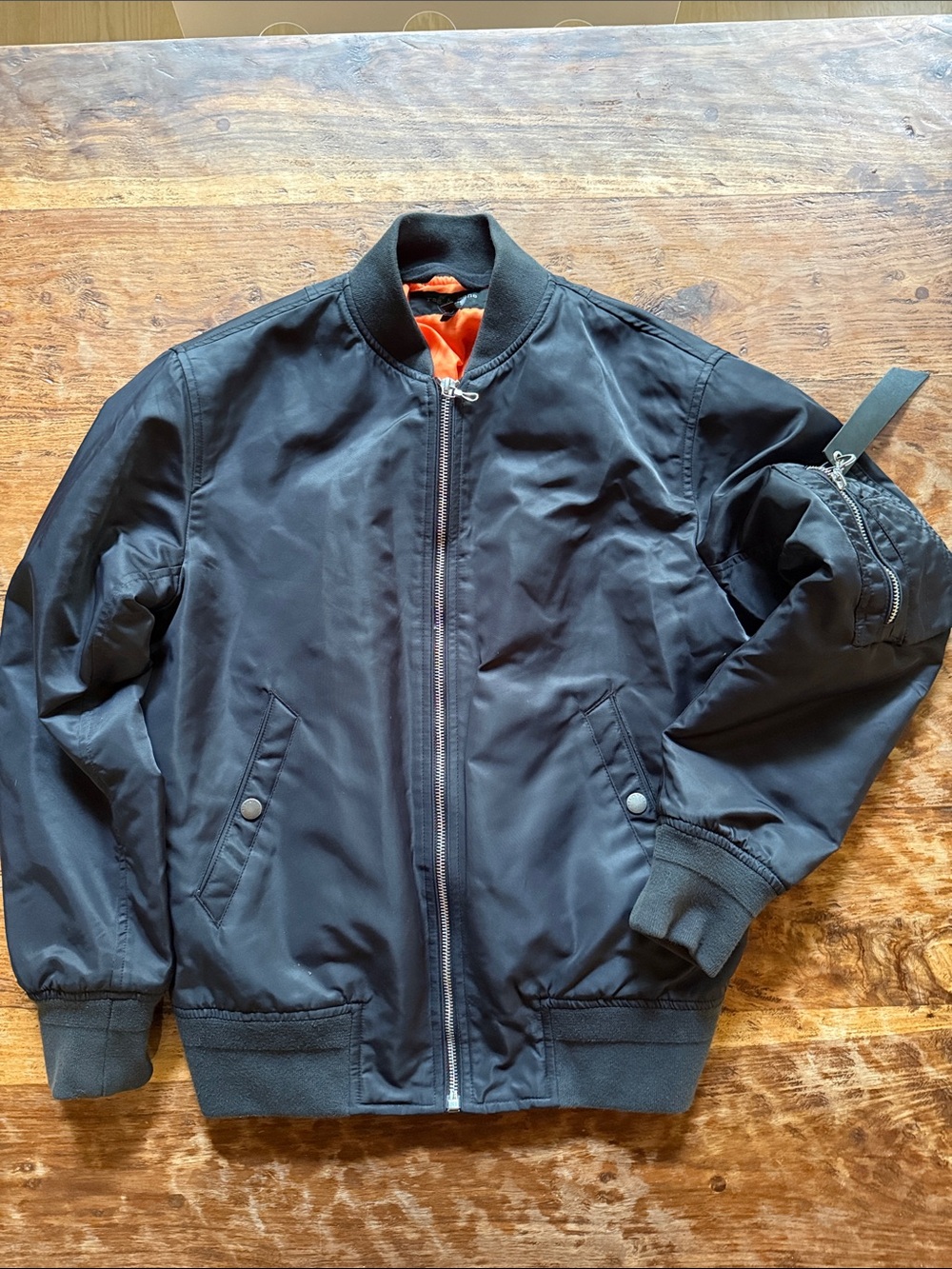rag & bone Manston Recycled Nylon Black Bomber Jacket with Orange Lining
